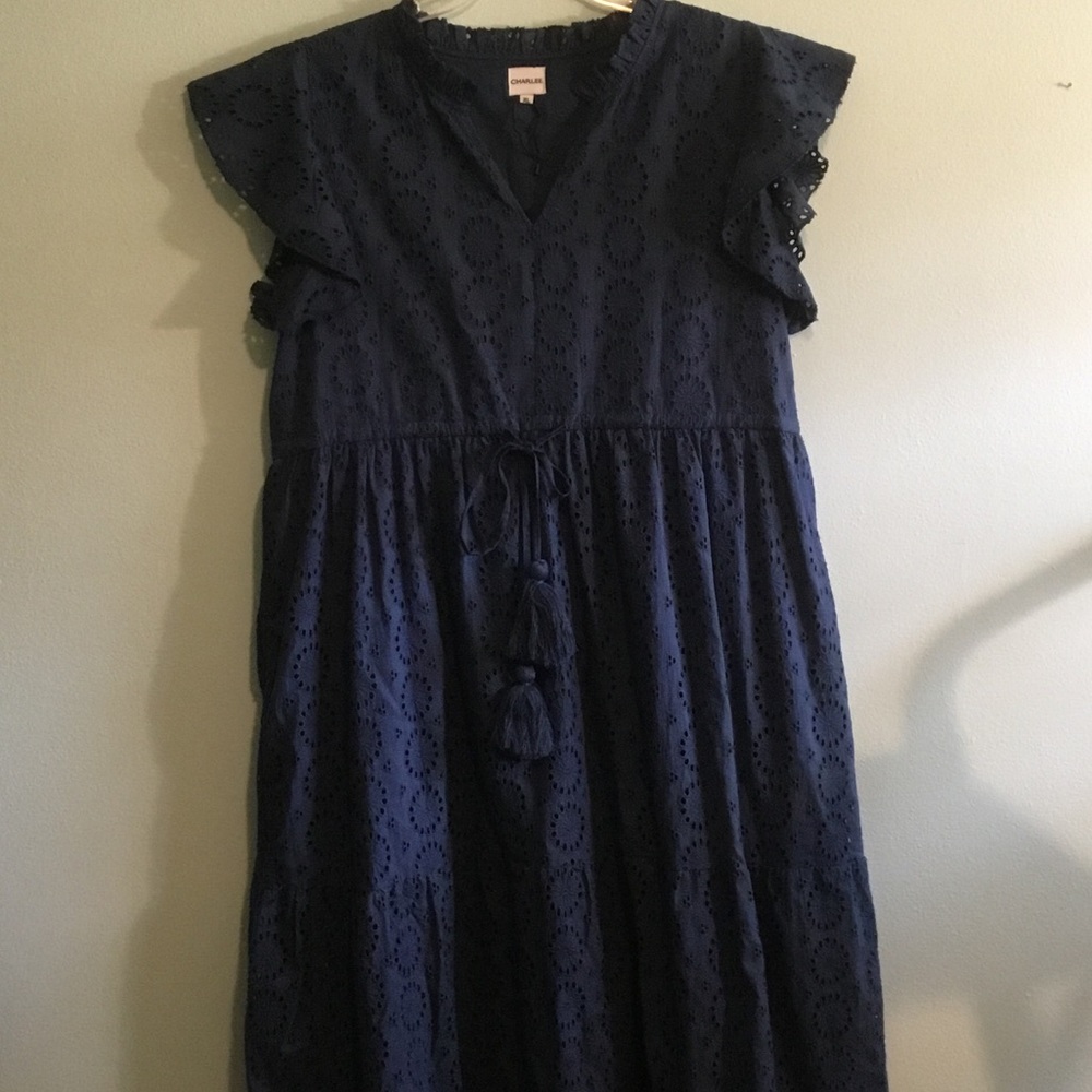 Navy Eyelet Women’s Dress with Tassel Tie